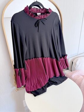 Ruffled Mock-Neck Tunic with Wine Pleated Trim - Women
